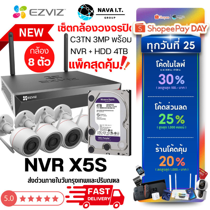 🛵มีส่งด่วน💨 แพ็คสุดคุ้มกล้องวงจรปิด EZVIZ C3TN OUTPRO 3MP + NVR X5S + HARDDISK 4TB