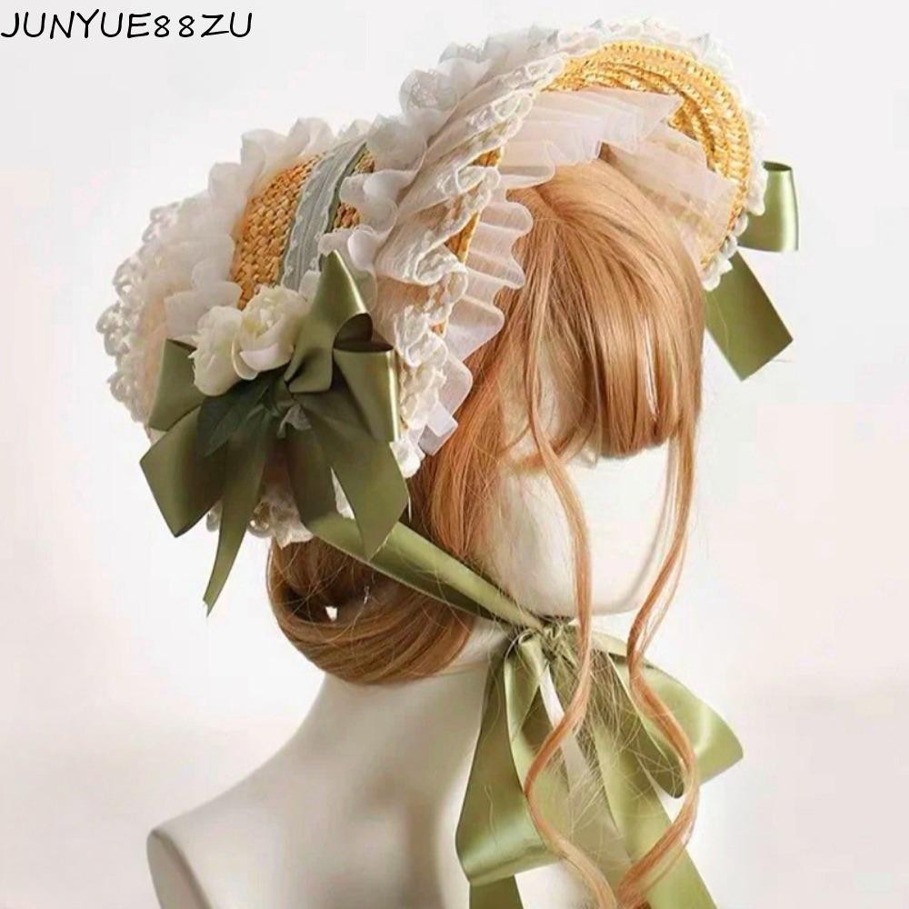 JUNYUE88ZU Lolita Bonnet หมวกฟางสไตล์Pastoral นุ่มแบน ป้องกันแสงแดด มีโบว์และริบบิ้น หมวกชายหาดวันหยุด