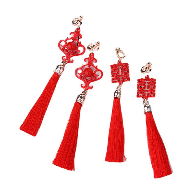 งานรื่นเริงคลิปหูสีแดงผู้หญิงย้อนยุคสไตล์จีนพู่หูคลิปจีนปมต่างหูพู่แต่งงานเจ้าสาวไม่มีต่างหูเจาะต่างหูปีใหม่ - รูปที่ 5