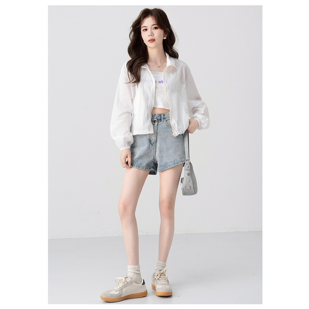 ฤดูร้อนใหม่ยืนขึ้นปก Drawstring ระบายอากาศของผู้หญิงแจ็คเก็ตครีมกันแดดสั้น