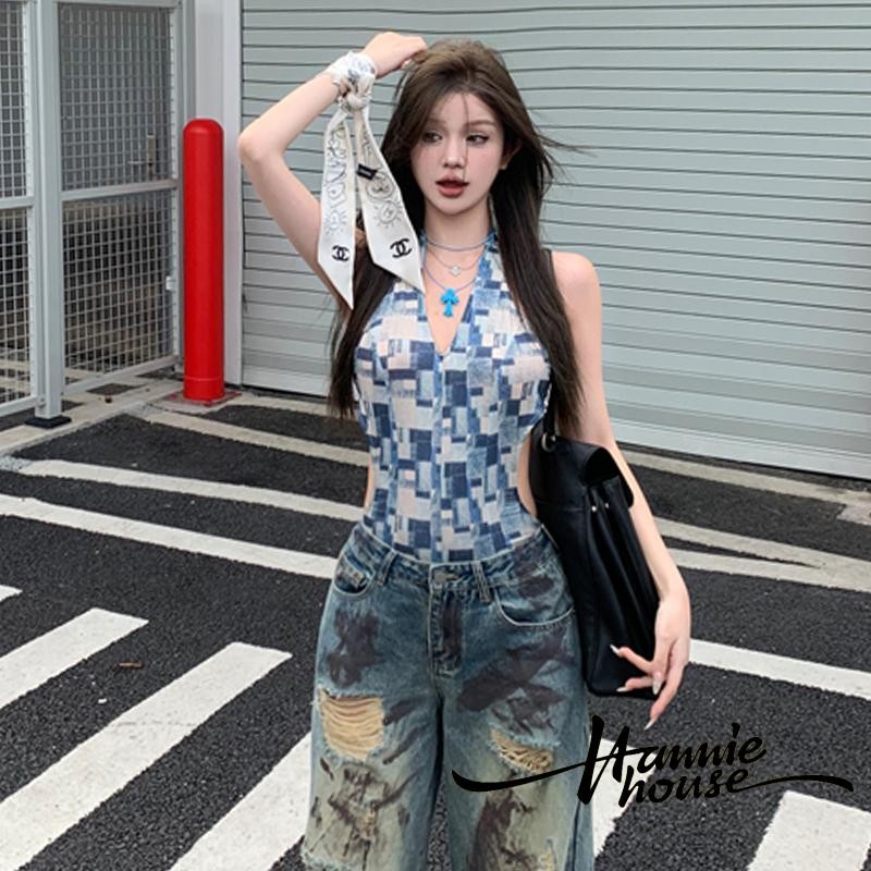 Hanie House- ชุดบอดี้สูทคล้องคอลายสก๊อตเปลือยหลังสําหรับผู้หญิง