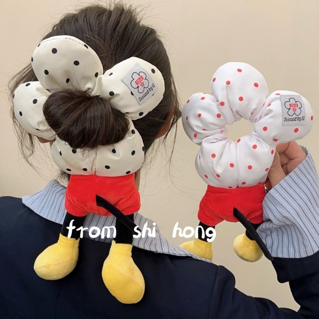 2025 น่ารัก Mickey Polka Dot ดอกไม้ Scrunchy ผม Tie ตุ๊กตาหวาน Ball Head ดอกไม้ผม Tie
