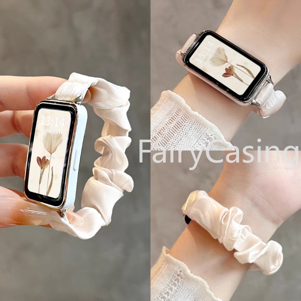 นุ่มยืดหยุ่นชีฟองผ้า Scrunchie Band สําหรับ Huawei Band 10 9 8 NFC ผู้หญิงสร้อยข้อมือไนลอนสายคล้อง