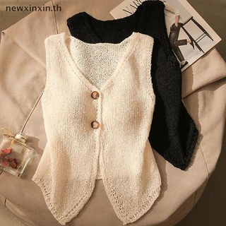 ^N^ ฤดูร้อนแฟชั่นสีทึบปุ่มเก๋คอวีแขนกุดถักเสื้อชั้นในสตรี {T}