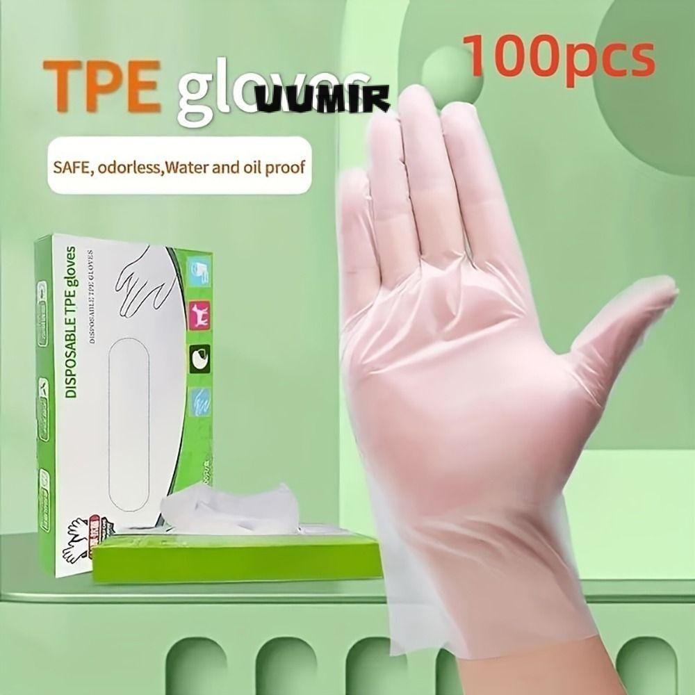 Uumir ถุงมือแบบใช้แล้วทิ้ง 100 ชิ้น, ถุงมือทําความสะอาดโปร่งใส TPE, ความปลอดภัยในการทํางานกรดในครัวเรือนเกรดอาหารลื่นถุงมือยางฟรี