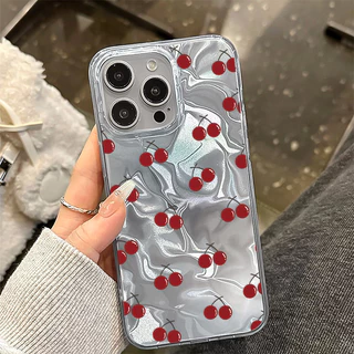 แฟชั่น เชอร์รี่🍒 เคสโทรศัพท์ For IPhone 12 13 15 16 11 14 Pro Max XR X 7 6S 8 6Plus XS Max SE เลเซอร์ แวววาว ตลกดีนะ เคส