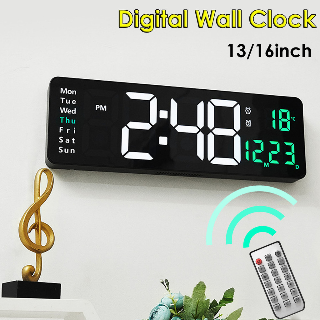 LOCAL Digital Wall Clock 16inch Large Alarm Clock Remote Control Date Week Temperature Clock Dual Al