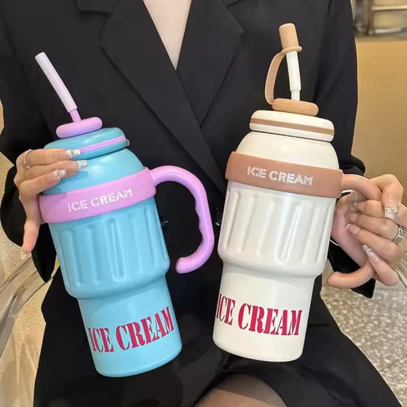 แก้วเก็บความเย็น 1000 ml. สแตนเลส 304 เก็บเย็น ice cream-bully Food Grade พร้อมหลอดซิลิโคนพร้อมด้ามจับ B0226