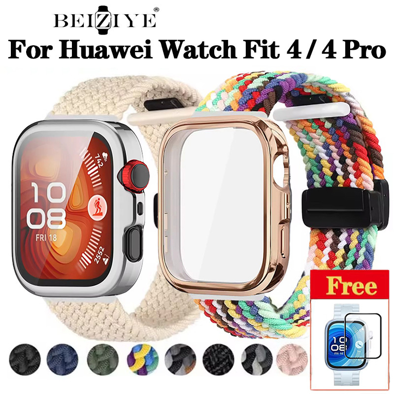 สายรัดไนลอนแม่เหล็กสําหรับ Huawei Watch Fit 4/4 Pro สมาร์ทวอท์ชถัก Solo loop สายนาฬิกาสําหรับ Huawei Watch Fit 3 พร้อมกรณีป้องกันหน้าจอ Watchband อุปกรณ์เสริม