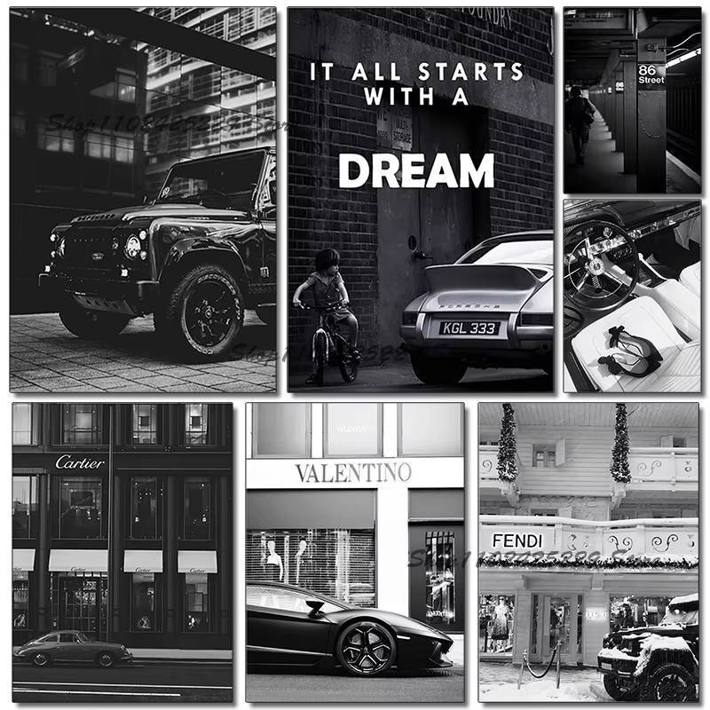 Paris Champs Elyes Street Luxury Racing Art โปสเตอร์ผ้าใบภาพวาดโมเดิร์น Nordic สีดําและสีขาวตกแต่งห้องนั่งเล่น