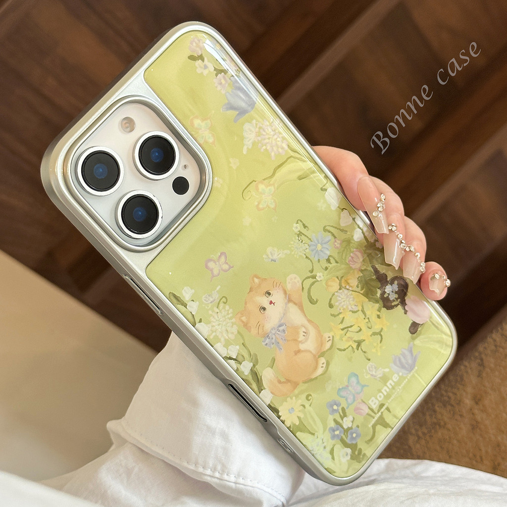 Electroplated เงินอีพ็อกซี่เรซิ่นภาพวาดสีน้ํามันดอกไม้แมว TPU สําหรับ apple iphone11 12 13 14 15 16pro max plus