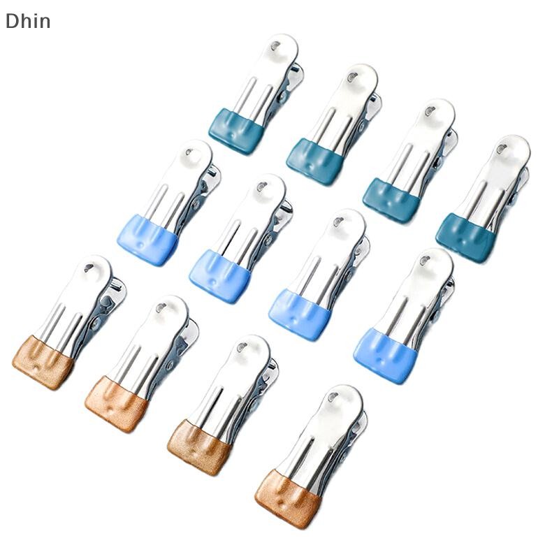 [Dhin] 10 ชิ้นสแตนเลสเสื้อผ้า Peg ในครัวเรือนอเนกประสงค์คลิปปิดผนึก Windproof ลื่น Trace Fixed Clamp Airing ที่หนีบผ้า COD