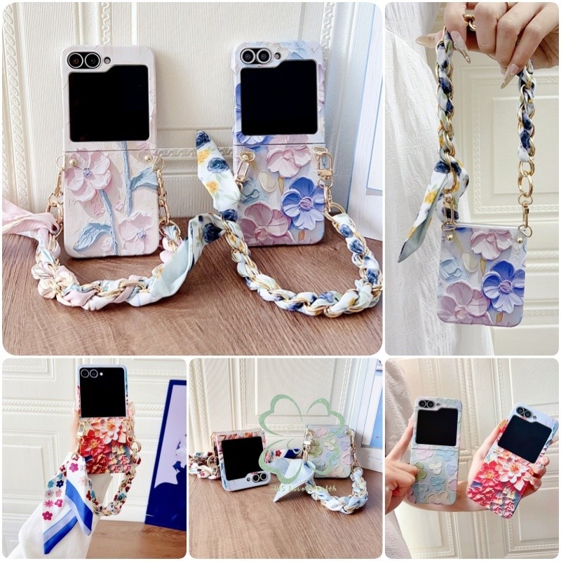 บรรเทาสีน้ําดอกไม้ Hard เคสโทรศัพท์สําหรับ Samsung Galaxy Z Flip 8 Flip 7 Z Flip 6 Z Flip 5 4 ปลอกพร้อมสร้อยข้อมือผ้าพันคอ