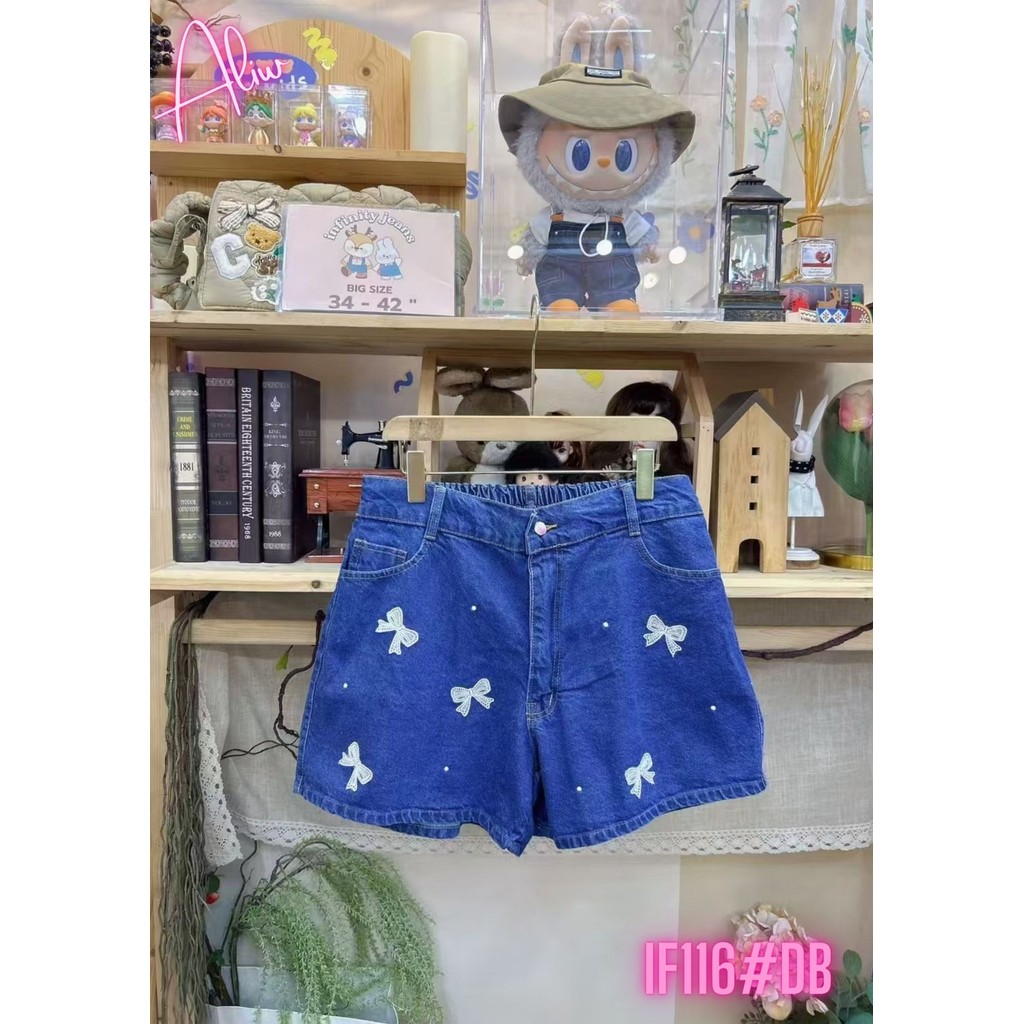 PLUS ขนาดกางเกง [ยาง EMBROIDER PATTERN กางเกงยีนส์สั้นกางเกง ] IF116DB IF เข็มขัดสั้นกางเกงขาสั้น