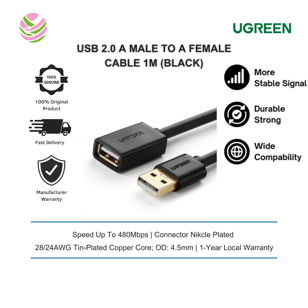 UGREEN สาย USB 2.0 A ชายกับหญิง 1M/ 2M/ 3M (สีดํา) UG-US103-10314/ UG-US103-10316/ UG-US103-10317