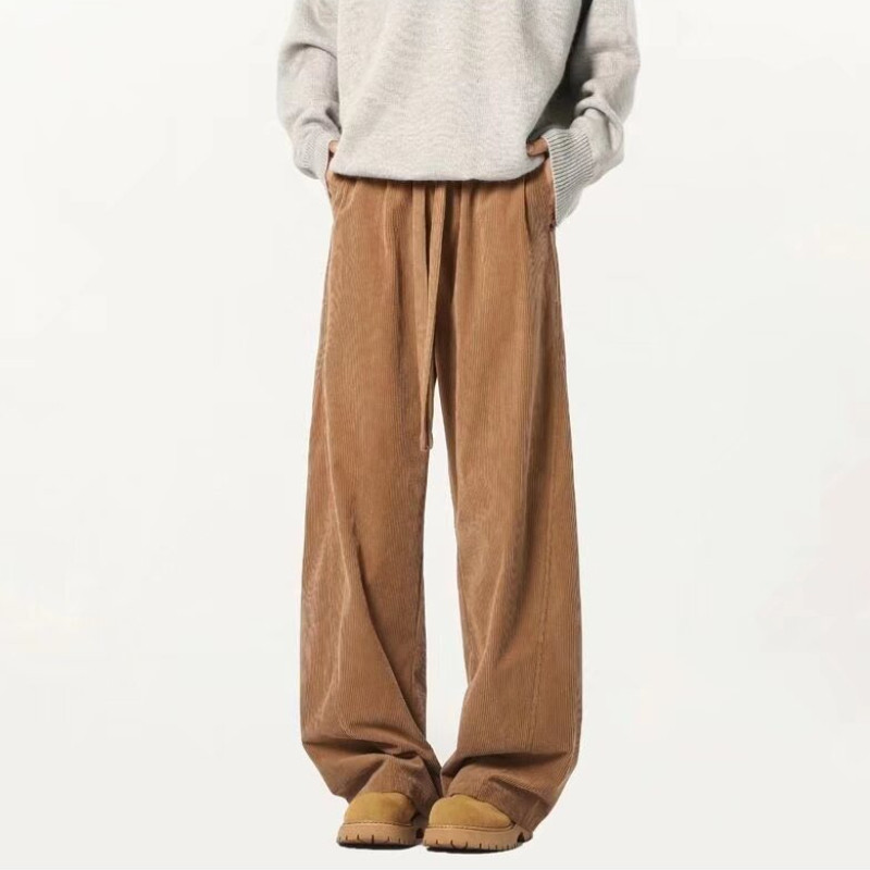 M-3xl American Street Retro สีทึบ Corduroy กางเกงลําลองผู้ชายฤดูใบไม้ร่วงและฤดูหนาวหลวมตรงกางเกงลําลองผู้ชาย