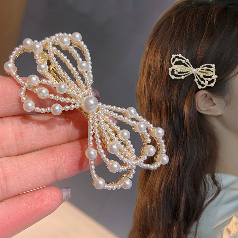 Simple Bowknot คริสตัลเพชรเต็มคลิปด้านข้าง Bangs ไข่มุกอารมณ์ Rhinestone Duckbill คลิป Hairpin