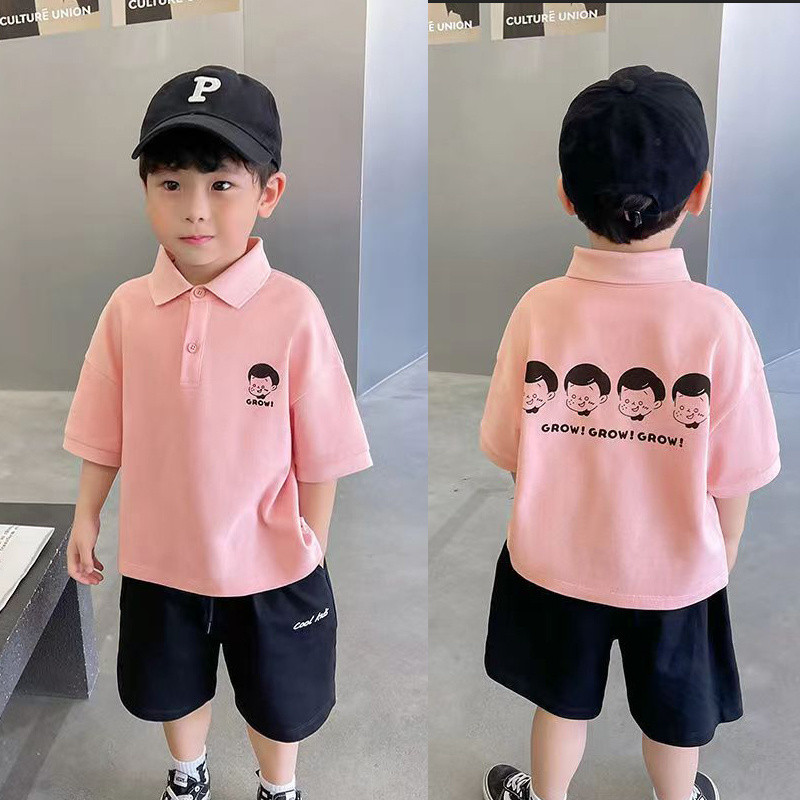 เสื้อโปโลแขนสั้นเด็กชายฤดูร้อนบางสไตล์เด็กสีชมพูเสื้อยืดปกด้านบนครึ่งแขน