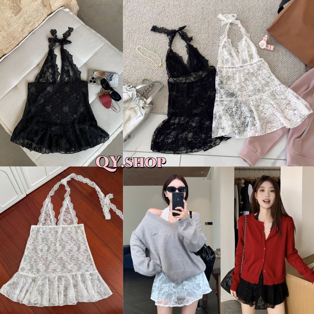 QY.Shop⭐️สินค้าราคาพิเศษ⭐️เสื้อคล้องลูกไม้ สีขาวและดำ ยืดกำลังดีเว้าหลัง เซ็กแบบเกาหลี "FY2038"