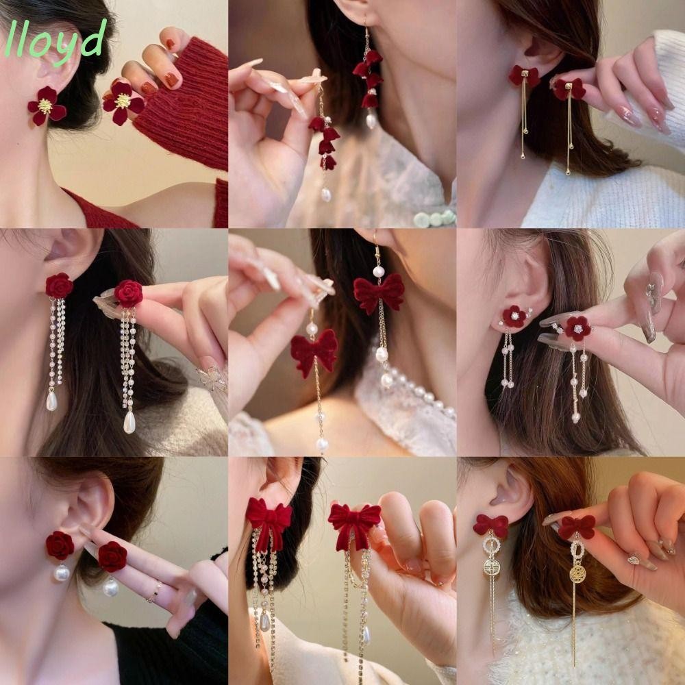 Lloyd ต่างหูห้อย, เงา Rhinestone พู่โบว์ต่างหูสตั๊ด, ประณีตสีแดง Rose Pearl Bow ต่างหูสไตล์เกาหลีของขวัญ