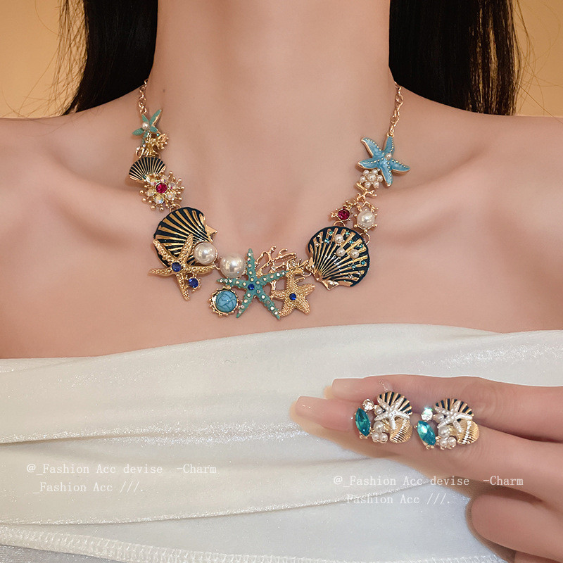 [Jewbeauty]สร้อยคอไข่มุกเปลือกหอยปลาดาวเพชรสไตล์วันหยุดดีลักซ์หรูหราโซ่กระดูกไหปลาร้า