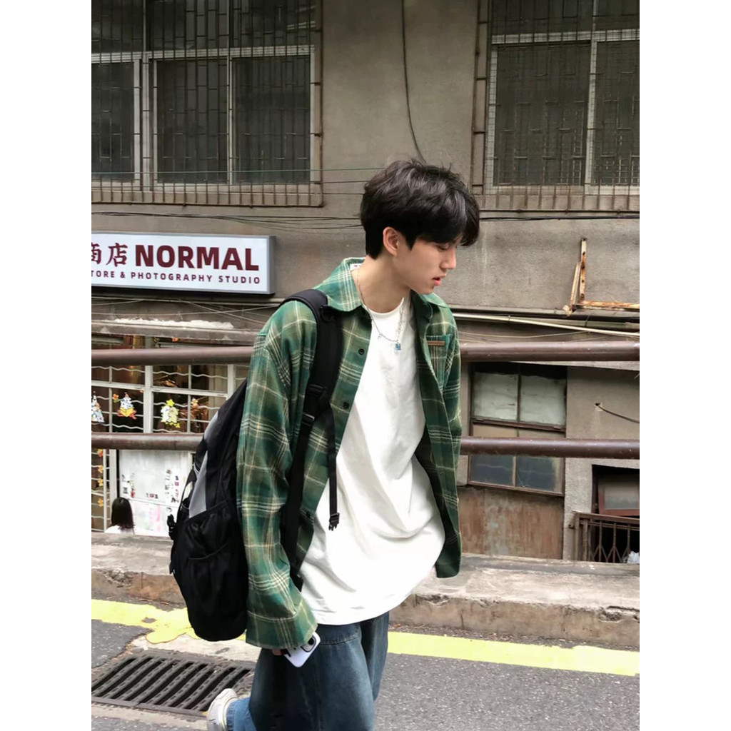 ฤดูใบไม้ผลิฤดูใบไม้ร่วงอินเทรนด์ความรู้สึกวัยรุ่นลายสก๊อตคู่ญี่ปุ่นย้อนยุคเสื้อแขนยาว