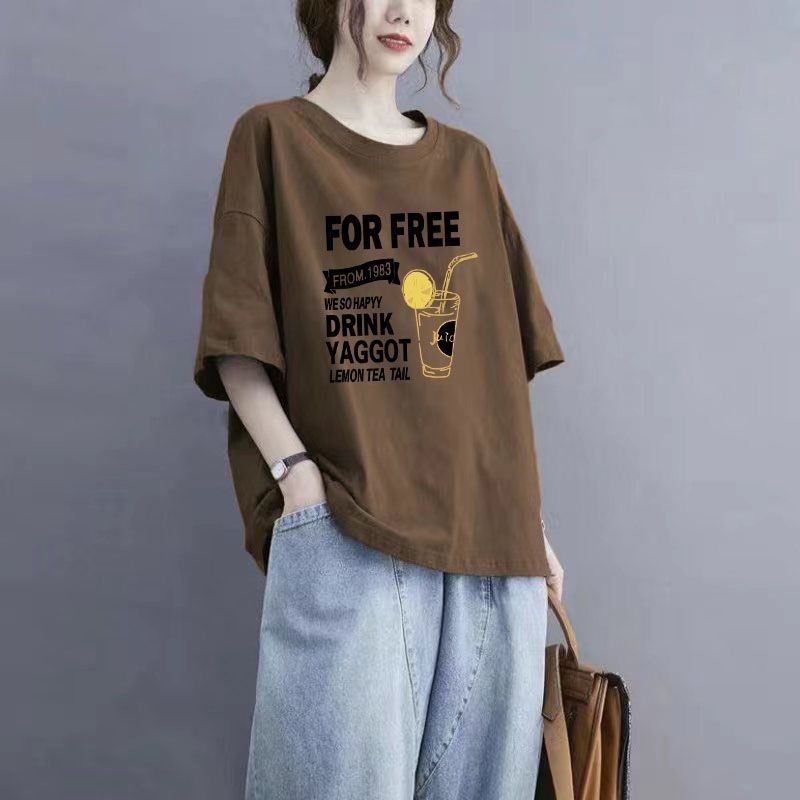 ฤดูร้อนขนาดบวกสุภาพสตรีหลวมSlimmerดูAll-Matchผ้าฝ้ายแท้รอบคอแขนสั้นเสื้อยืดFGT8