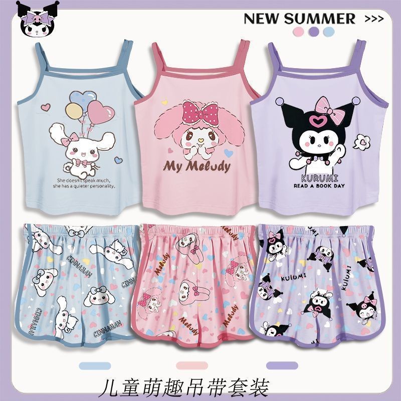 [RJ] 90-140 ซม.เด็กชุดนอนผ้าไหมน้ําแข็งสาวฤดูร้อน Kuromi Camisole Homewear ชุดลําลองชุดสองชิ้น