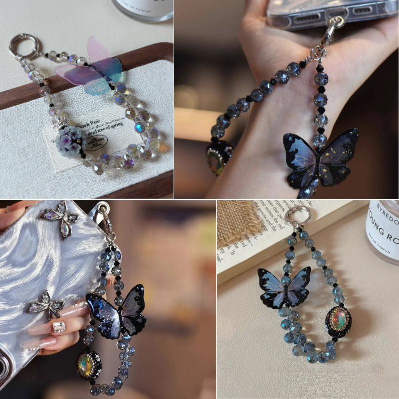 ประกายผีเสื้อสายโทรศัพท์สําหรับเคสโทรศัพท์, เงาแวววาวโทรศัพท์มือถือเชือกเส้นเล็กโซ่สําหรับผู้หญิง,กระเป๋าน่ารักกระเป๋าถือพวงกุญแจอุปกรณ์เสริม,กร