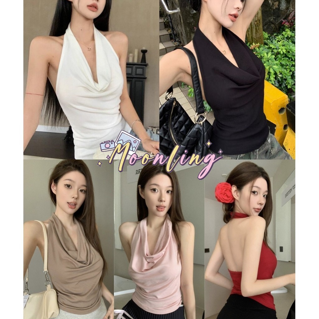 🌜Moonling🌛พร้อมส่งจากไทย เสื้อคล้องไหมพรม ดีเทลเว้าหลังเซ็ก สีพาสเทล สไตล์เกาหลี ผ้านุ่มนิ่ม *8K131*