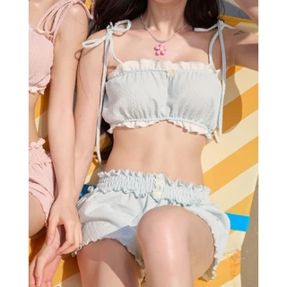 ชุดว่ายน้ำแฟชั่น พร้อมแผ่นรองหน้าอก ทูพีช shorts น่ารัก สีลูกกวาด ผูกโบว์ลูกไม้ ชุดไปทะเล