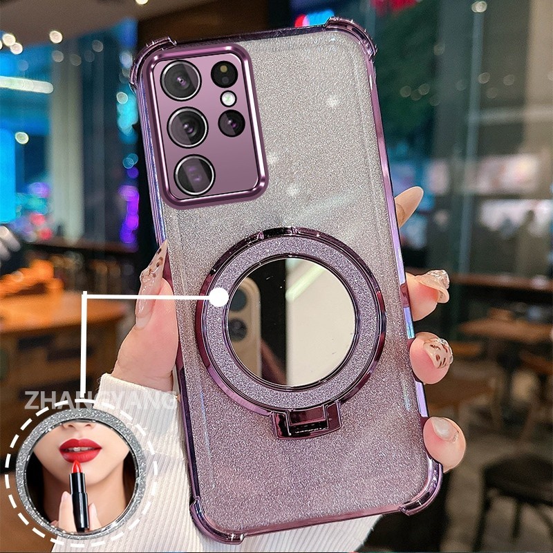 เคส กระจก ตั้งได้ งานกากเพชร สําหรับ Samsung S25 Ultra S25Ultra S24 Fe S24Fe S24Ultra S23Ultra S22Ul