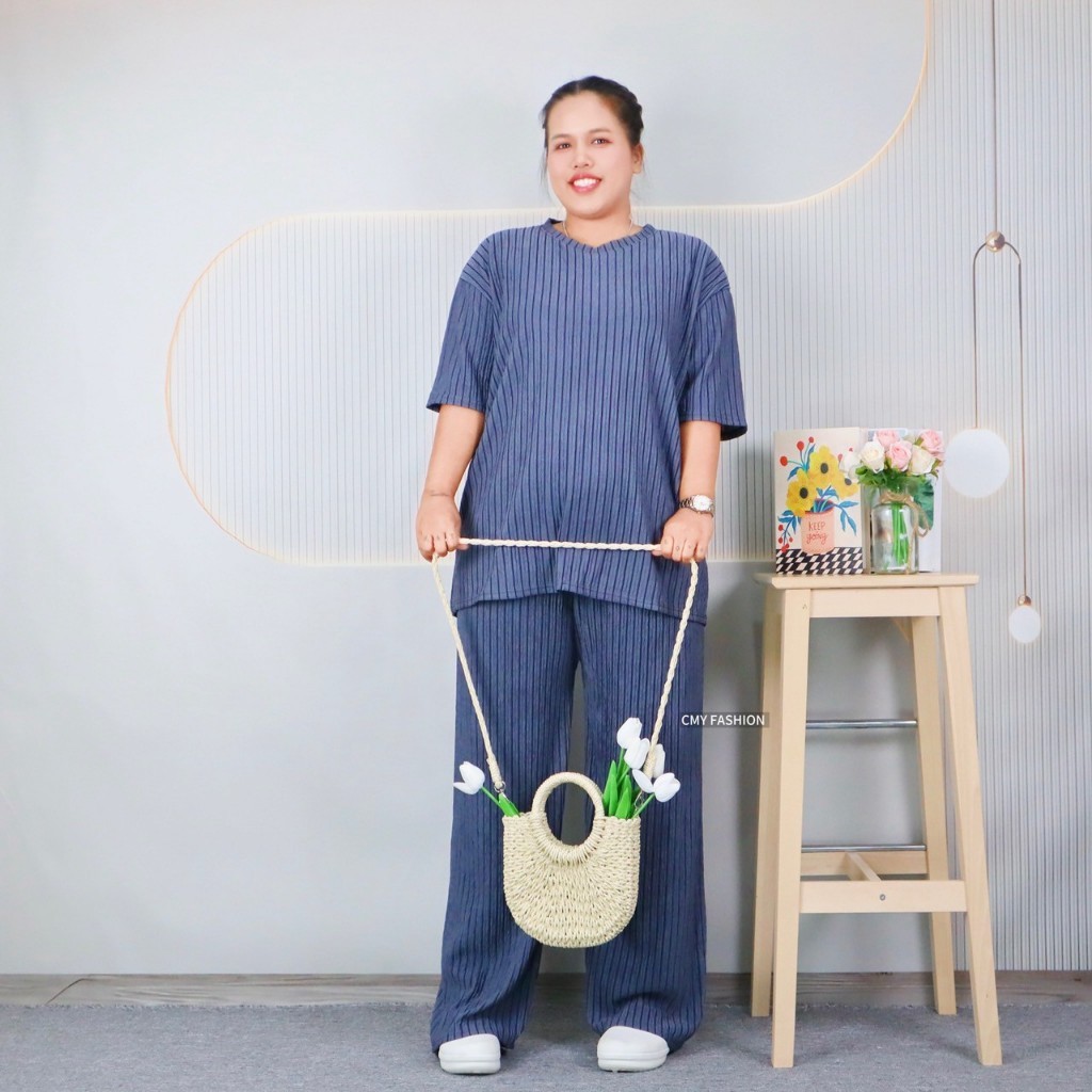 ชุดเซ็ท ไซส์ใหญ่ เสื้อคอกลม แขนสั้น อกได้ถึง 58นิ้ว กางเกงขายาว ทรงขากระบอกใหญ่ ผ้าย่นลายเปลือกไม้ เนื้อผ้านิ่ม cb602# - รูปที่ 5