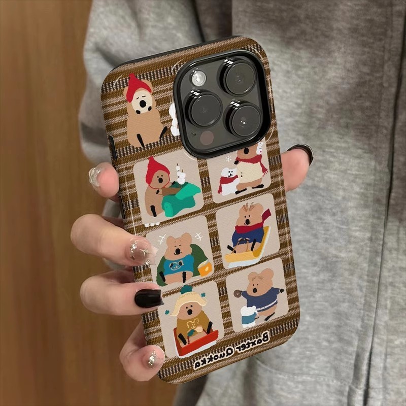 Persimmon Bear Lattice Daily Two-in-One เหมาะสําหรับ iPhone 13ProMax 16Pro 14 15ProMax XSMAX 11 16ProMax 7/8plus 15Pro XR XS 12ProMax 13Pro Shock-Resistant Shell