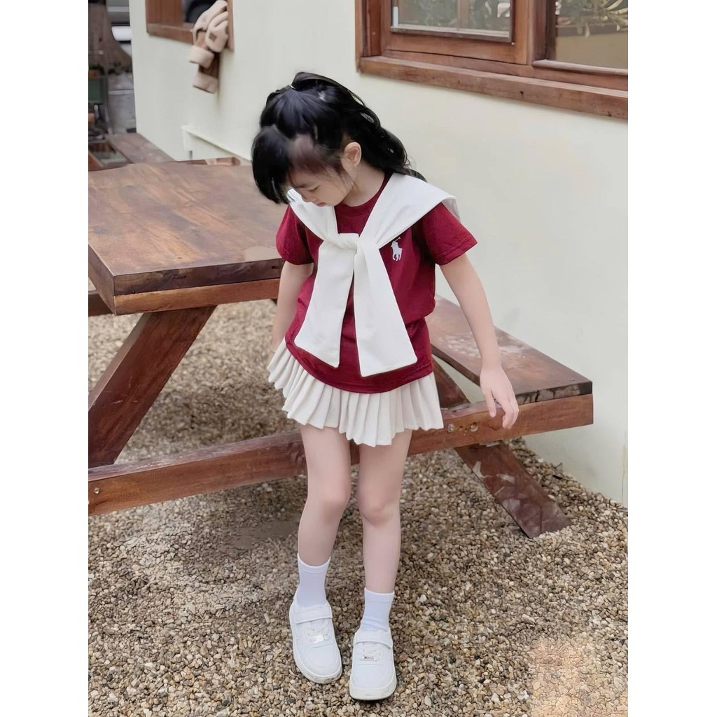 KAHNOM0408✅สินค้าพร้อมส่ง✅ชุดลูกสาว เสื้อโปโล+กระโปรงพรีท แถมโบว์ น่ารักแบบตะโกน งานไฮเอน การันตีผ้าดีตรงปก รหัสC120