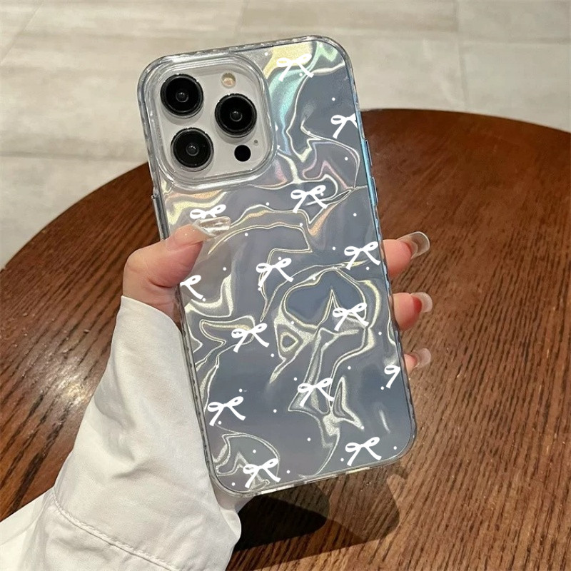 เต็มหน้าจอ โบว์สีขาว 🔥กันได้เคสไอโฟน🔥 16 11 13 15 12 14 Pro Max XR 16 8 7 Plus X XS Max SE หวานรักหัวใจเงาลูกฟูกเคส