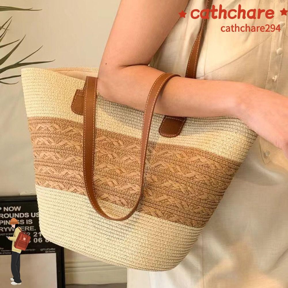 Cathchare294 กระเป๋าสะพายทอ, ลายทางสแควร์ Totes กระเป๋า, กระเป๋าใต้วงแขนฟางความจุขนาดใหญ่กระเป๋าชายหาดวันหยุด
