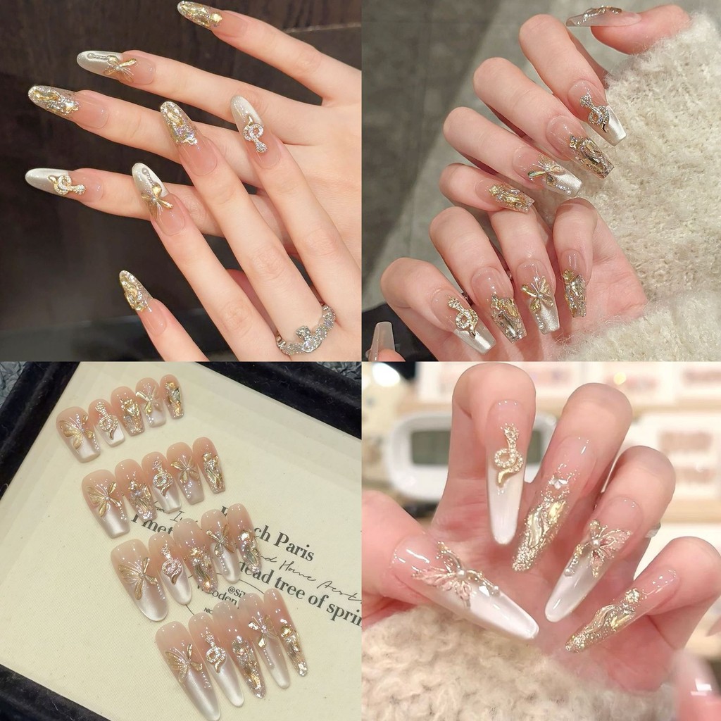 [5in1ชุดเครื่องมือที่ทำด้วยมือ] ผีเสื้องูกลืนทองโนเบิลปีใหม่หรูหราสี่เหลี่ยมคางหมู/รูปไข่เล็บปลอมด้วยกาวส่องไฟเล็บกดบนเล็บนำมาใช้ใหม่กันน้ำ
