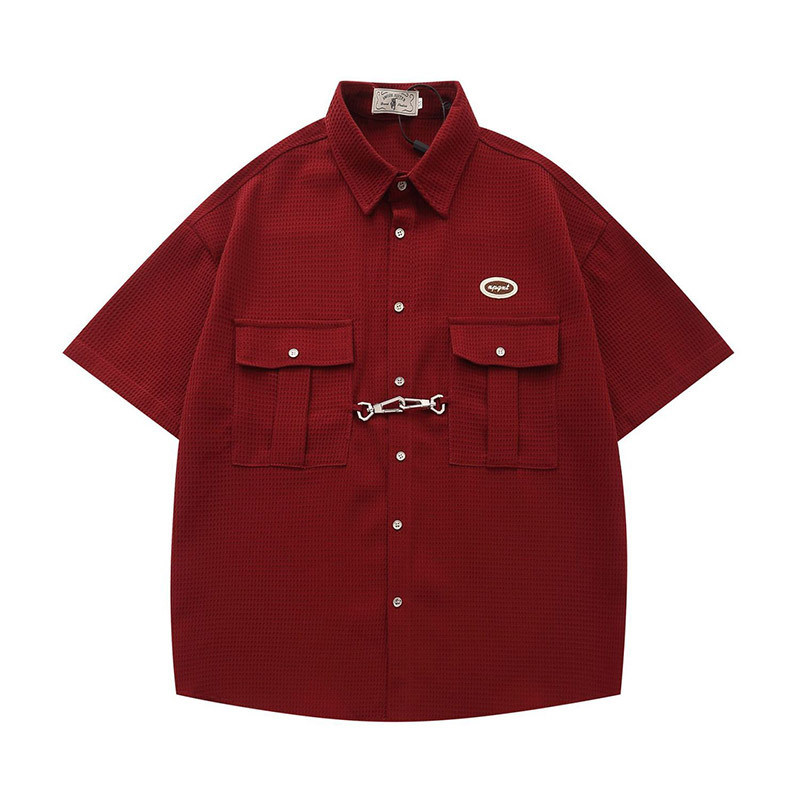 Pannofluxus American Street College Style เสื้ออเนกประสงค์ฤดูร้อน Retro Waffle Hip-Hop เสื้อเชิ้ตแขน