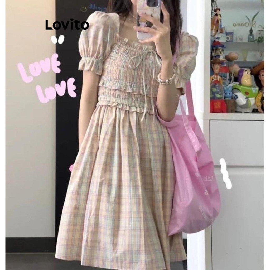 Lovito เดรสผู้หญิง สม็อค ผูกเชือก ลายสก๊อต สไตล์ลำลอง LNA54106