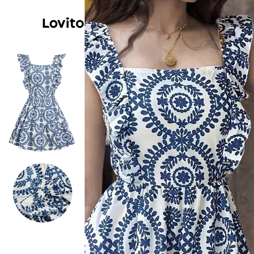 Lovito ชุดเดรสยาวคอวีพิมพ์ลายชนเผ่าสไตล์โบฮีเมียนสำหรับผู้หญิง L109MD528