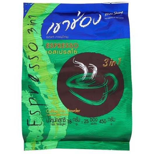 กาแฟเขาช่อง เอสเปรสโซ่ 3in1 สูตรใหม่ น้ำตาลน้อย 1 ถุง 25 ซอง.  (สีเขียว) (1ห่อ)