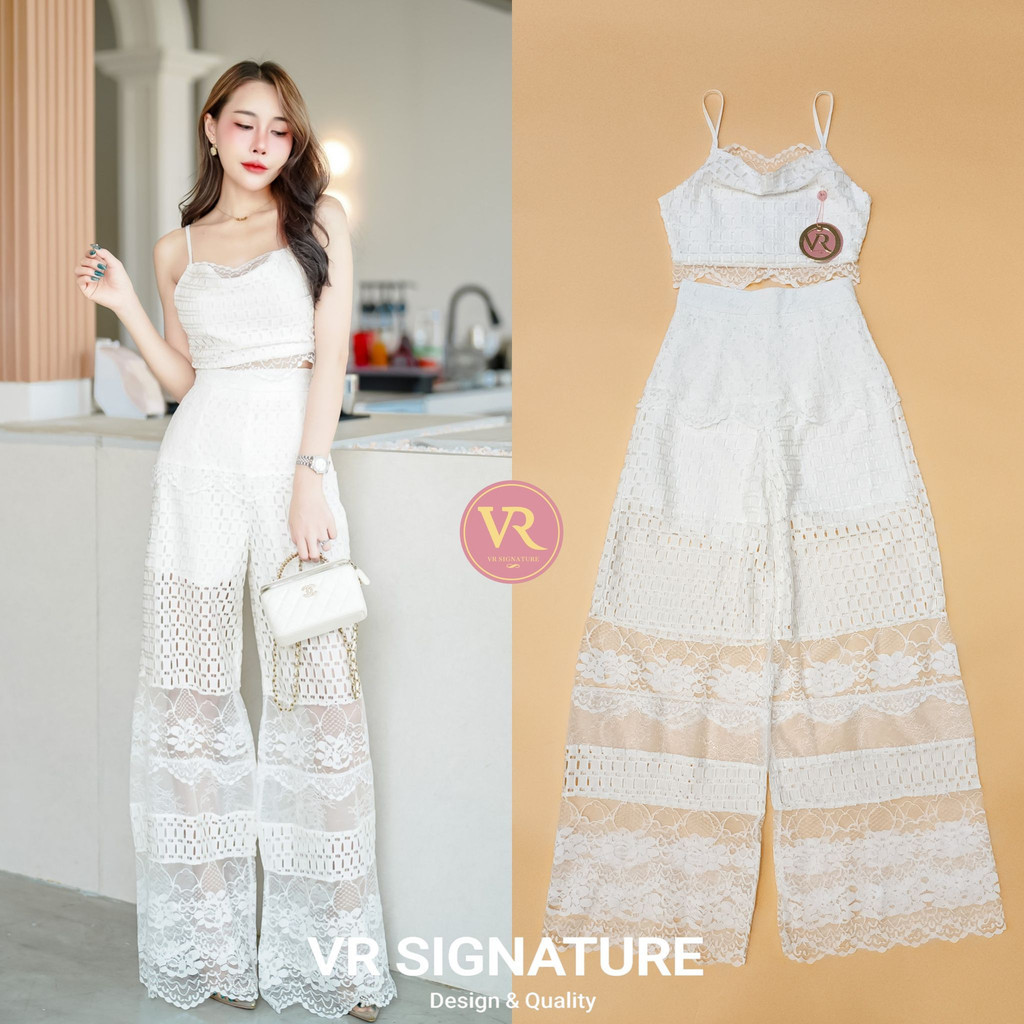 PD (พร้อมส่ง)vr22 Set เสื้อสายเดี่ยวตัวสั้น คอถ่วงเล็กน้อยแต่งขอบลูกไม้  PD.shop