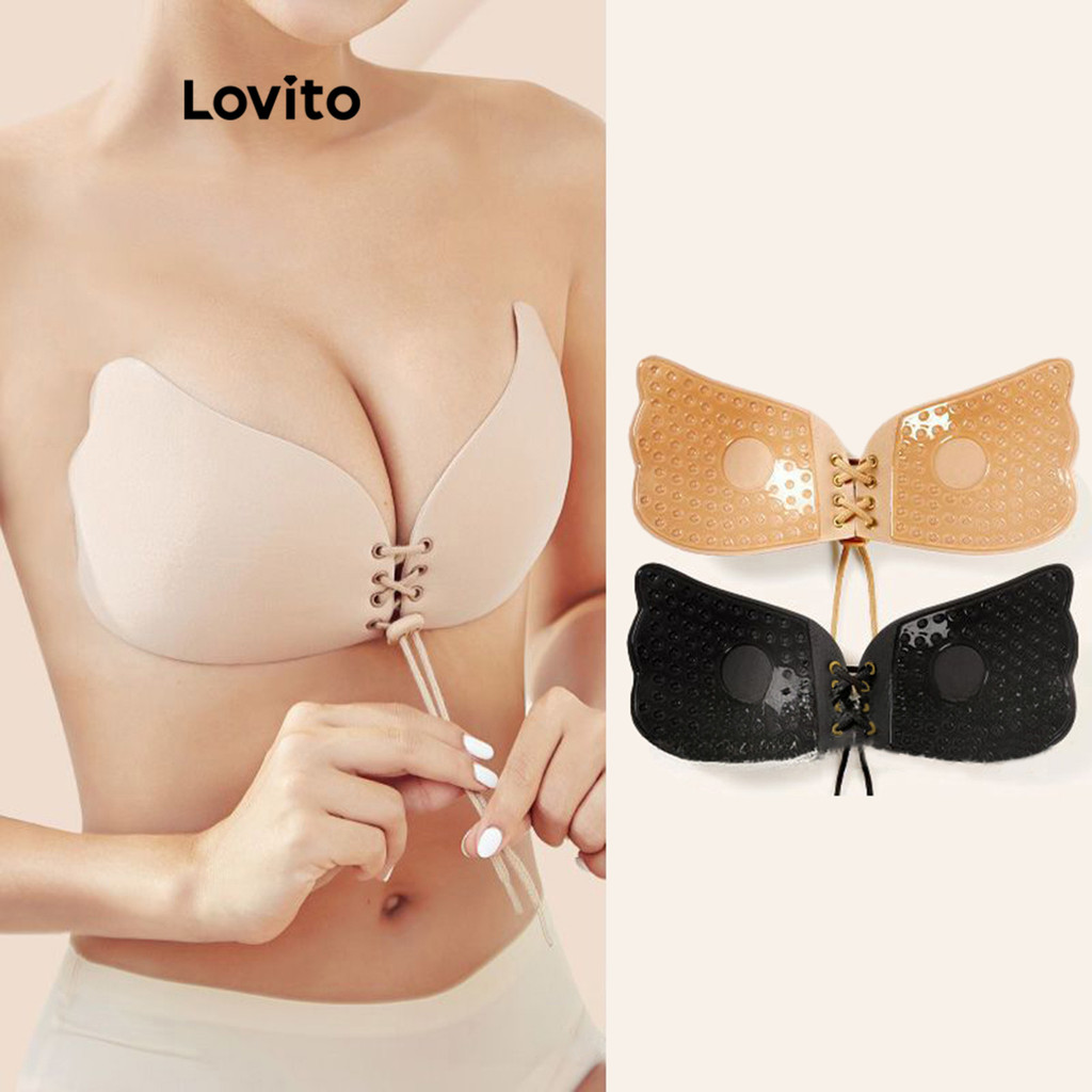 Lovito อุปกรณ์เสริมเสื้อชั้นใน บราปีกนก ติดแน่น ดันทรง ไม่มีสาย มองไม่เห็น สีพื้น สไตล์ลำลอง LNA27412 (แอปริคอท/ดำ)