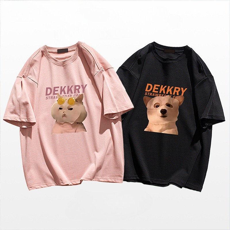 BOOM Shop เสื้อยืด เสื้อยืดแขนสั้น ลายพิมพ์น้อยน่ารักของแมวและหมา โอเวอร์ไซส์ coupleคอกลม cotton YG6
