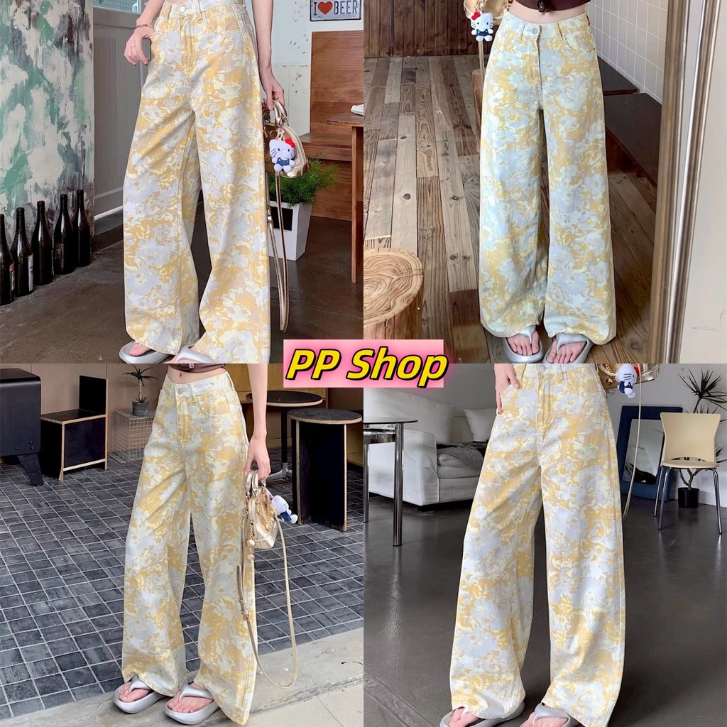💜PP SHOP💜พร้อมส่ง กางเกงขายาว กางเกงขากว้าง กางเกงเกาหลี เอวสูง ลวดลายสีเหลือง ทรงกระบอก ทรงสวย ทรงห