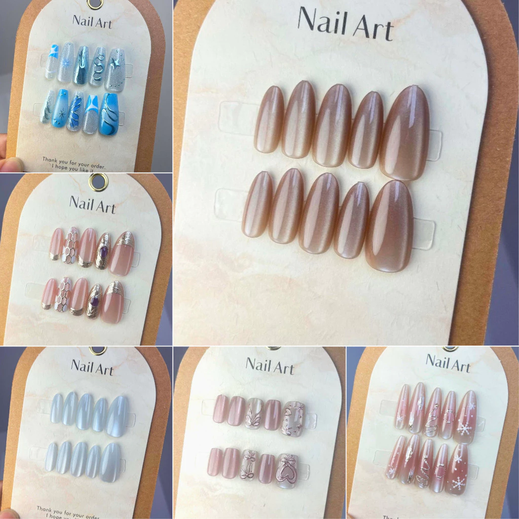 464-49810PCS เล็บปลอมรูปอัลมอนด์ชุดต่อเล็บกดบนเล็บ Cat Eye