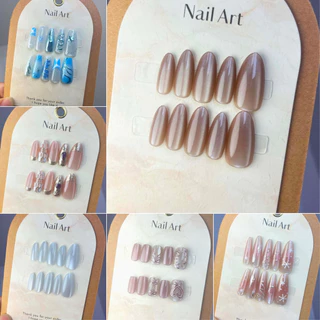 464-49810PCS เล็บปลอมรูปอัลมอนด์ชุดต่อเล็บกดบนเล็บ Cat Eye