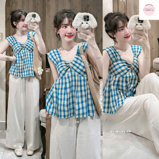 Set áo 2 dây bảng to dáng xòe họa tiết caro xanh hoa nhí phối quần suông, Set bộ nữ đi chơi nhẹ nhàng