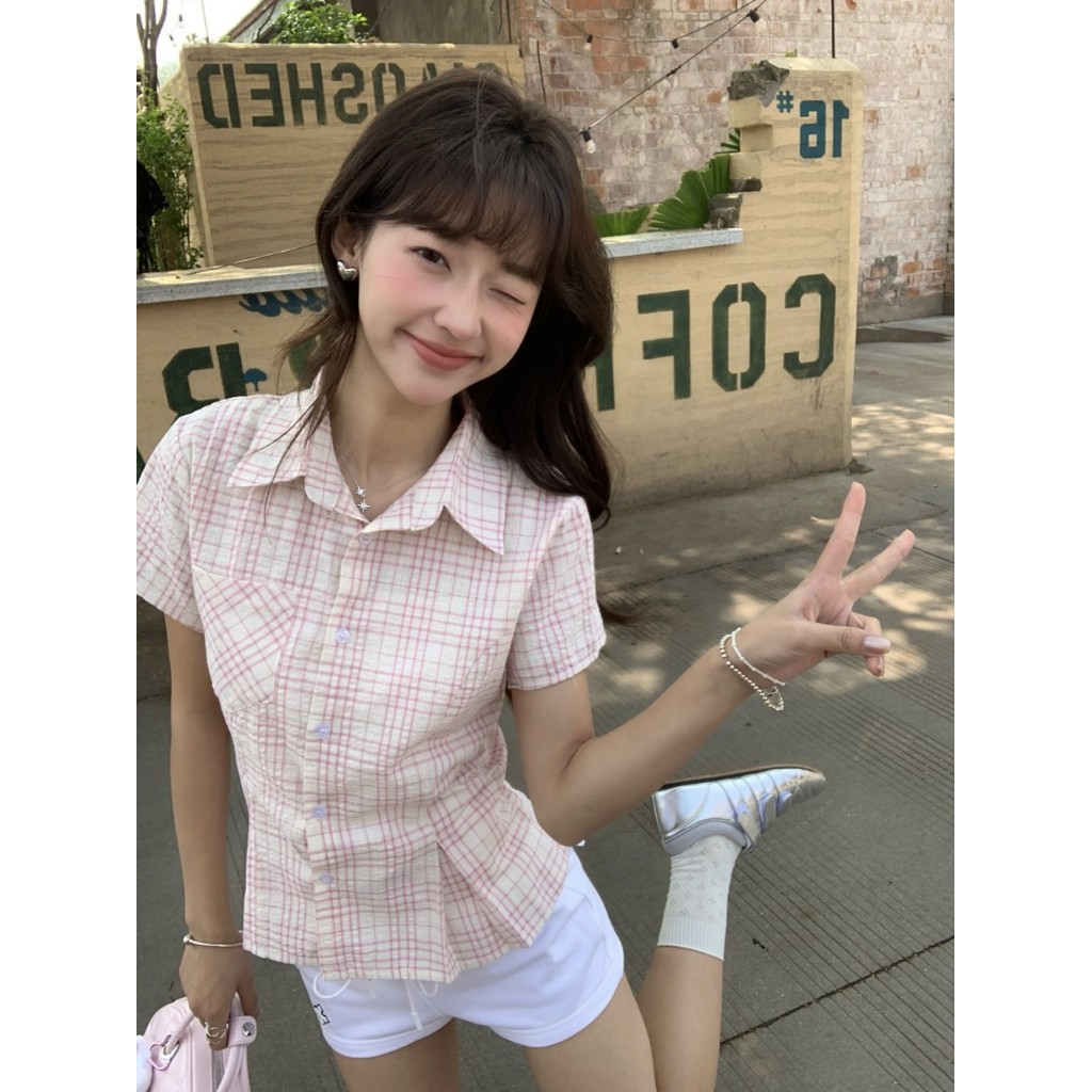 ฤดูร้อนใหม่เสื้อเชิ้ตลายสก๊อตเรียบง่ายย้อนยุคของผู้หญิง 250626